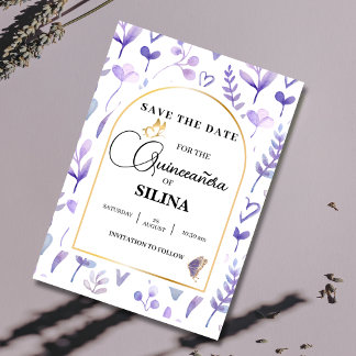 Purple Lavender Gold Arch Quinceañera Butterfly Save The Date