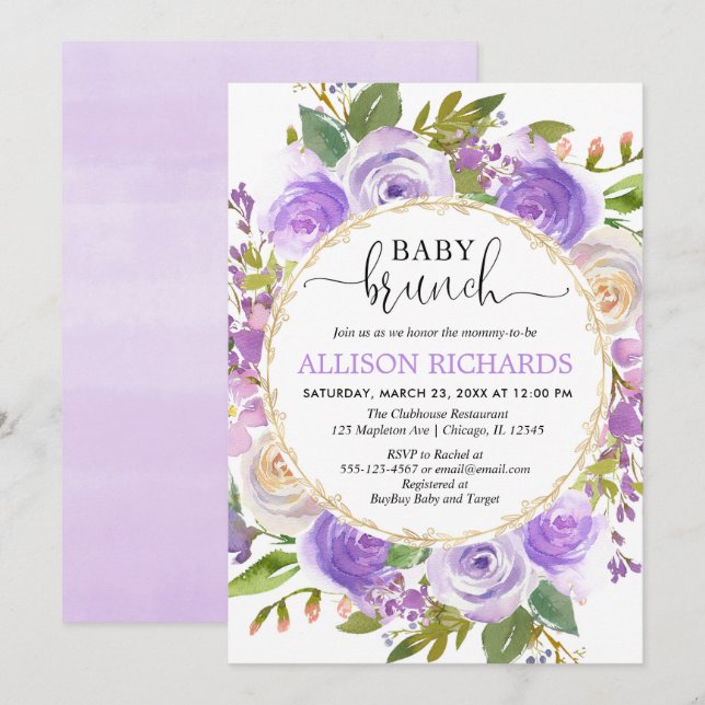 Purple lavender gold floral girl baby brunch invitation (Front/Back)