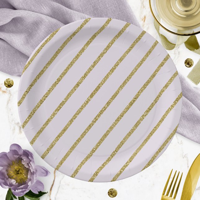 Purple Lavender Gold Glitter Stripe Pattern Paper Plate (Creator Uploaded)