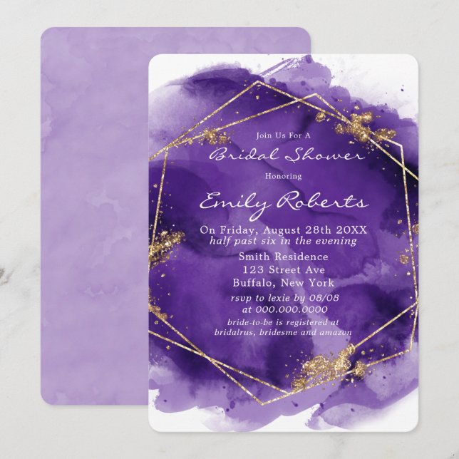 Purple Lavender Gold Paint Bridal Shower  Invitati Invitation (Front/Back)