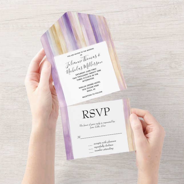 Purple Lavender Gold Stripes Wedding All In One Invitation (Tearaway)