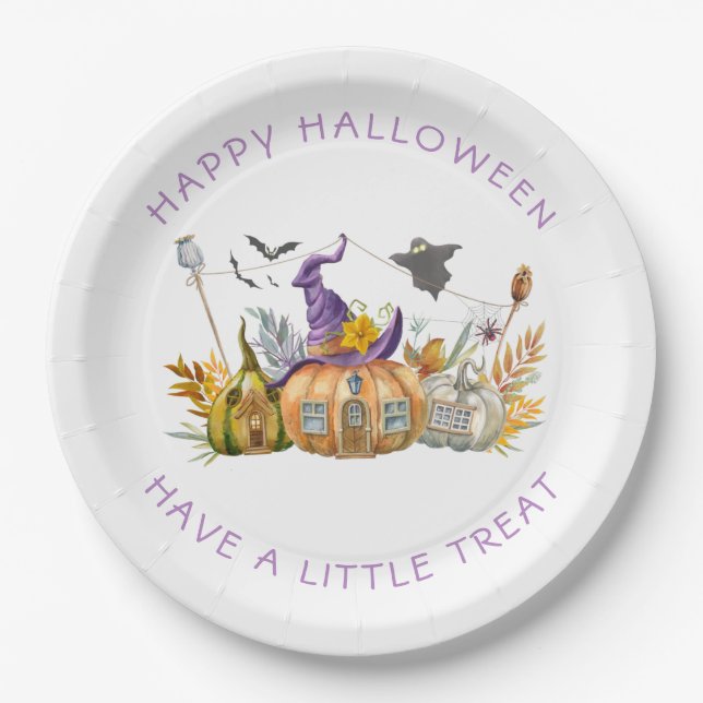 Purple Lavender Gold Witch's Hat Pumpkin House Paper Plate (Front)