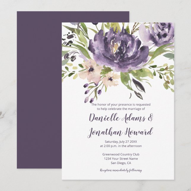 Purple Lavender Green Watercolor Peonies Wedding Invitation (Front/Back)