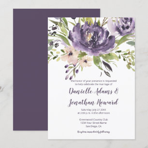 Purple Lavender Green Watercolor Peonies Wedding Invitation