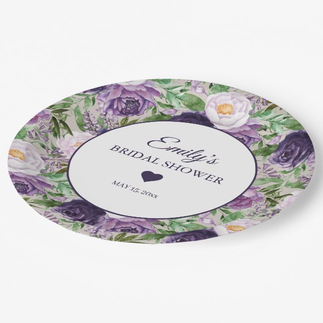 Purple Lavender Greenery Bridal Shower Name Date Paper Plate (Angled)