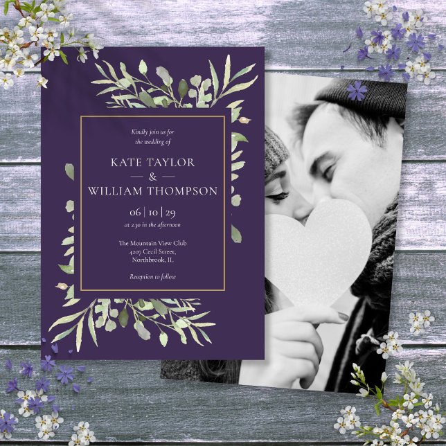 Purple Lavender Greenery Gold Photo Wedding Invitation (Purple Lavender Greenery Gold Photo Wedding Invitation)