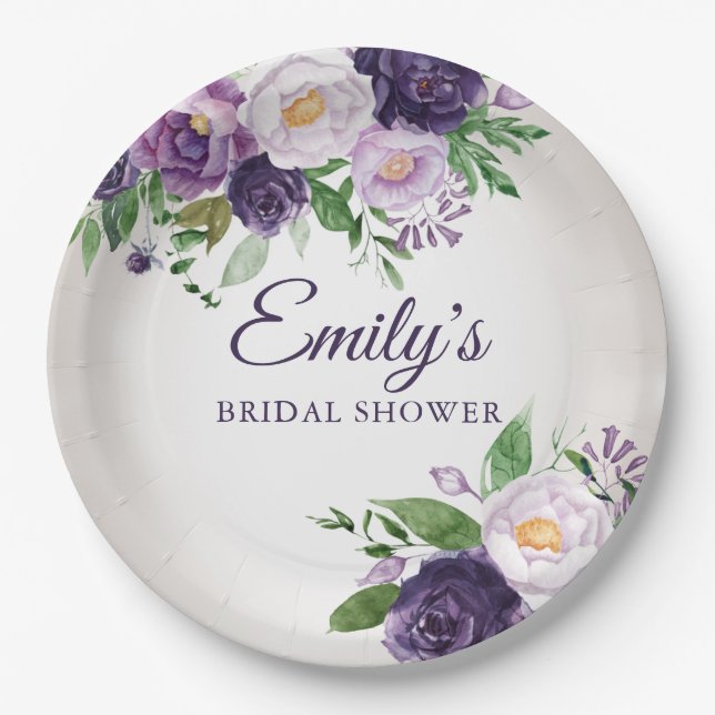 Purple Lavender Greenery Grey Bridal Shower Paper Plate (Front)