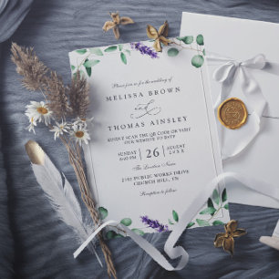 Purple Lavender Greenery Rustic QR Code Wedding Invitation