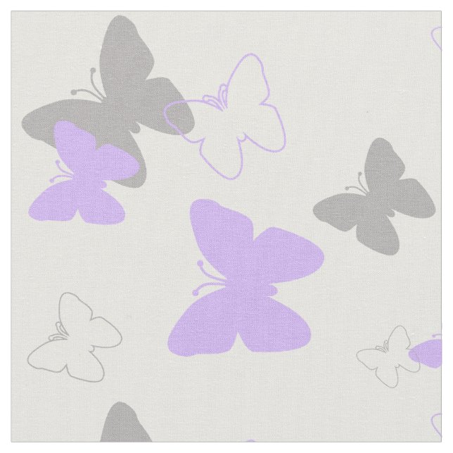 Purple Lavender Grey Grey Butterfly Pattern Fabric (Close Up)