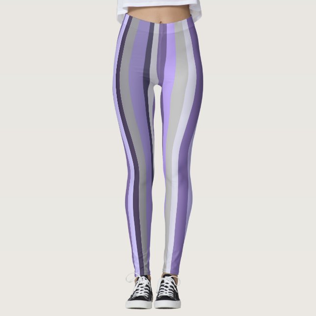 Purple Lavender Grey Vertical Striped Leggings (Front)