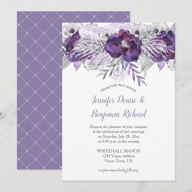Purple Lavender Grey Watercolor Flowers Invitation (Front/Back)