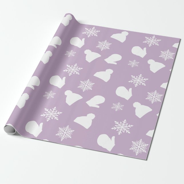 Purple Lavender Holiday Mittens and Christmas Hats Wrapping Paper (Unrolled)
