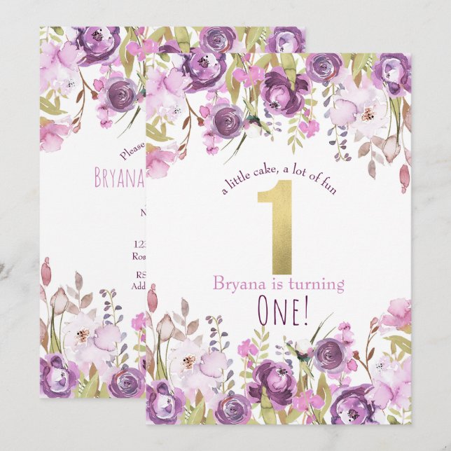 Purple Lavender Lilac Floral Modern 1st Birthday Invitation (Front/Back)