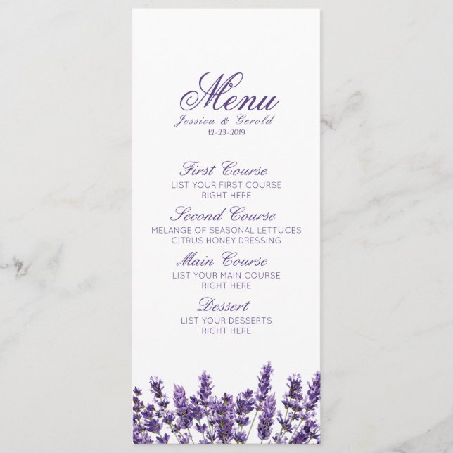 Purple Lavender Lilac Flower Wedding Menu (Front)