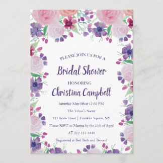 Purple Lavender Lilac Pink Floral Bridal Shower Invitation