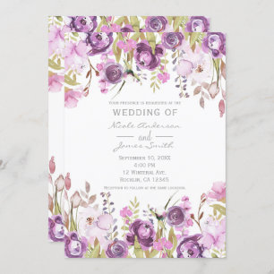 Purple Lavender Lilac Watercolor Floral Wedding Invitation