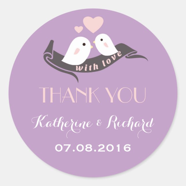 Purple Lavender Love Birds Wedding Favour Sticker (Front)