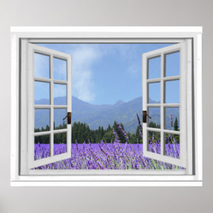 Purple Lavender Meadow Garden View Fake Window Poster