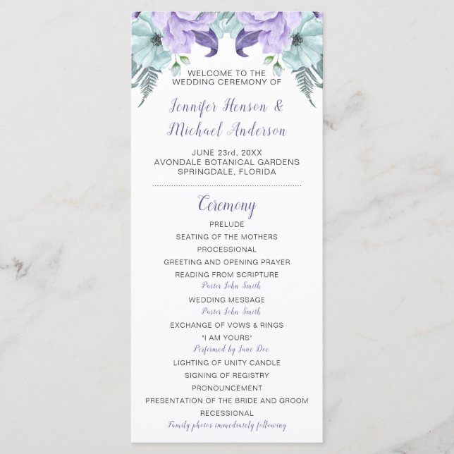 Purple Lavender Mint Floral Wedding Program Programme (Front)