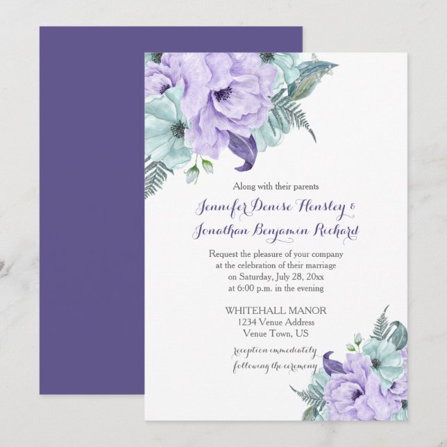 Purple Lavender Mint Watercolor Peonies Wedding Invitation (Front/Back)