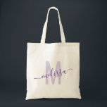 Purple Lavender Modern Monogram Name Tote Bag<br><div class="desc">Personalised Monogram and Name Custom Tote Bag with editable text in purple and lavender or lilac colour on a tan canvas reusable tote.</div>