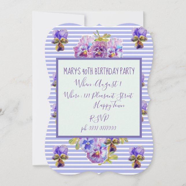Purple Lavender Pansy 40th Birthday Invitation (Front)