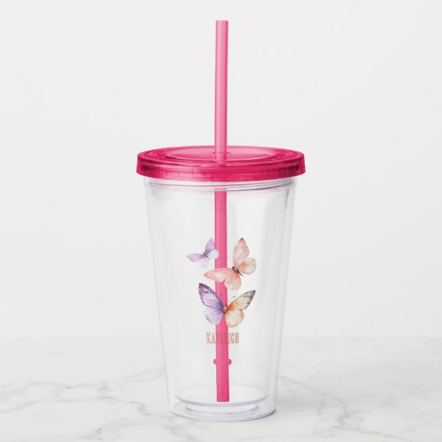 Purple Lavender Peach Butterflies Acrylic Tumbler (Front)