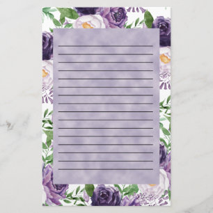 Purple Lavender Peonies Floral Lined  Stationery