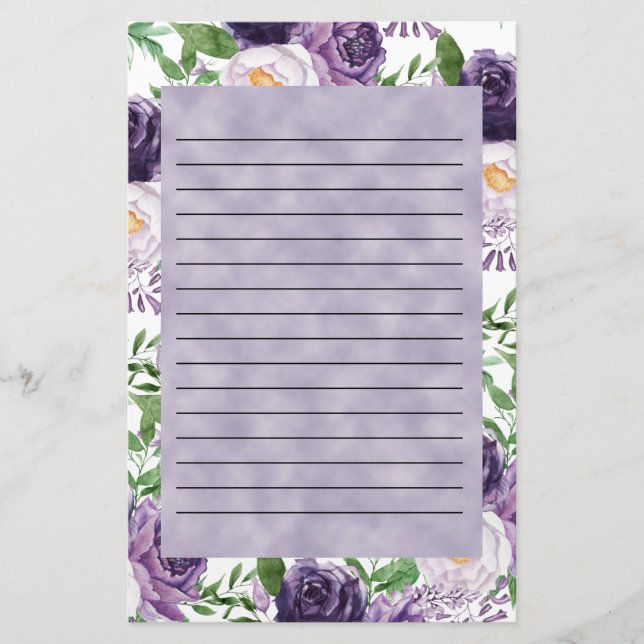 Purple Lavender Peonies Floral Lined  Stationery (Front)