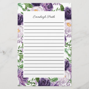 Purple Lavender Peonies Floral Lined  Stationery