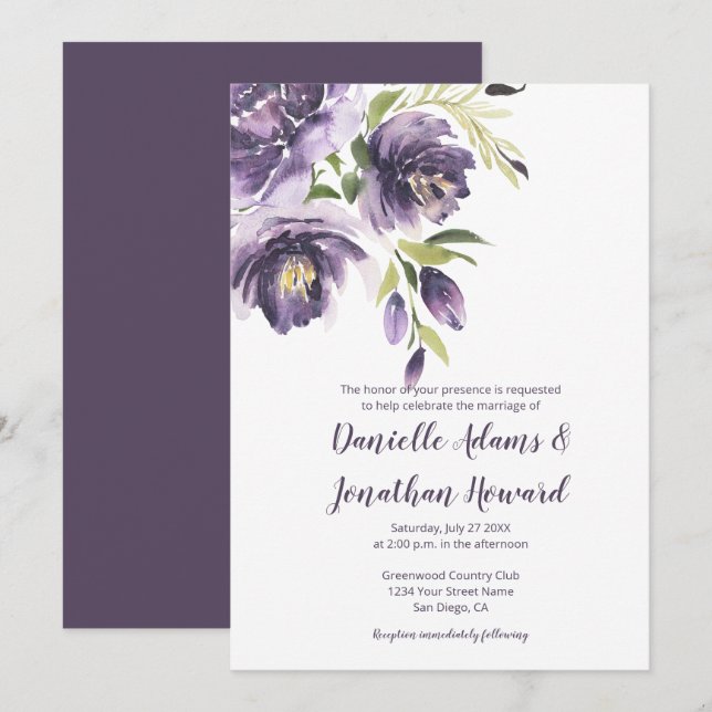 Purple Lavender Peonies Greenery Wedding Invitation (Front/Back)
