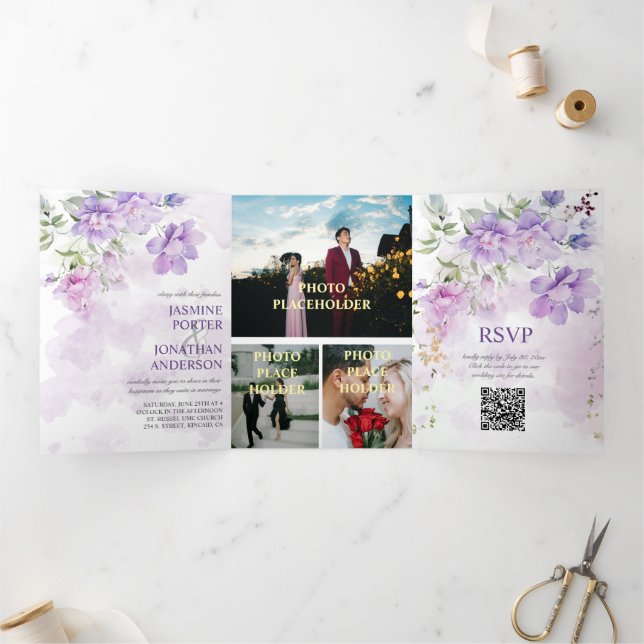 Purple Lavender Peony Floral Tri-Fold Wedding Invitation (Inside)