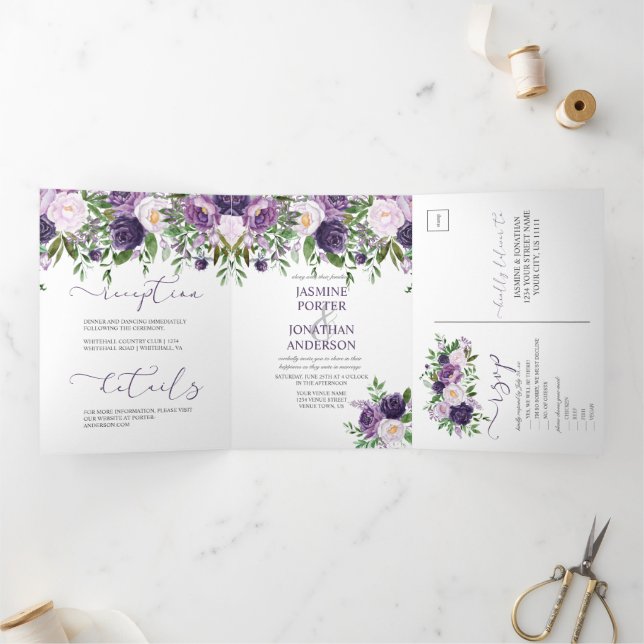 Purple, Lavender, Pink Floral Boho Wedding | Tri-Fold Invitation (Inside)