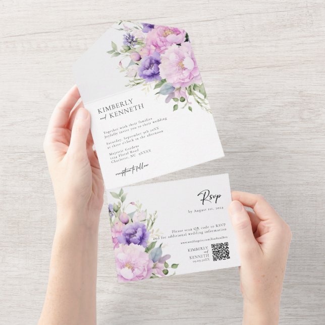 Purple Lavender Pink Floral RSVP QR code Wedding  All In One Invitation (Tearaway)