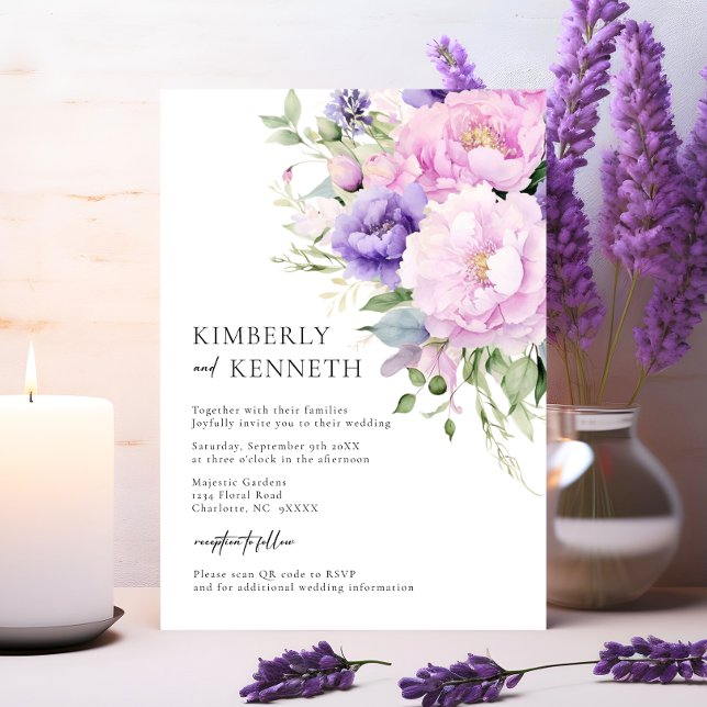 Purple Lavender Pink Floral RSVP QR code Wedding  Invitation (Purple Lavender Pink Floral RSVP QR code Wedding Invitation)