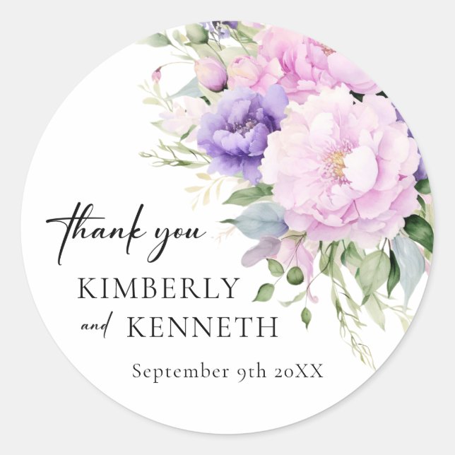 Purple Lavender Pink Floral Thank You Wedding  Classic Round Sticker (Front)