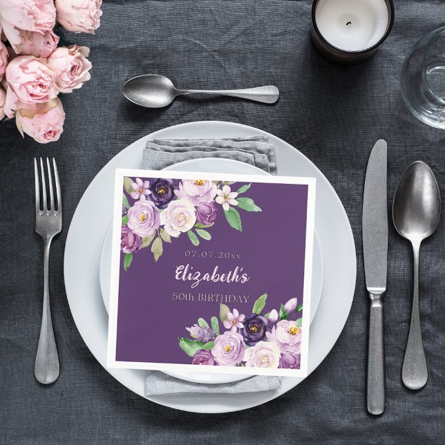 Purple lavender pink florals birthday napkin (Creator Uploaded)