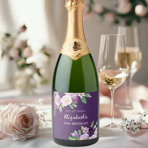 Purple lavender pink florals birthday sparkling wine label