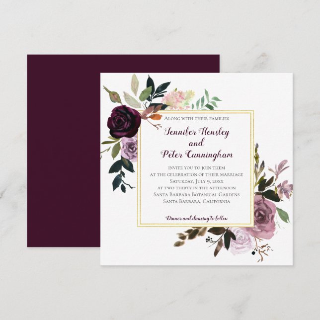 Purple Lavender Pink Gold Floral | Square Wedding Invitation (Front/Back)