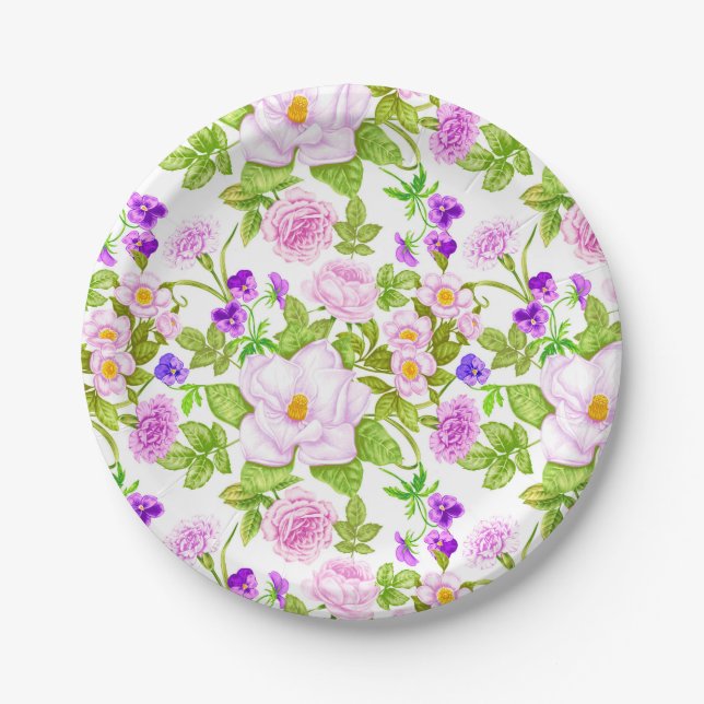 Purple Lavender Pink Roses Wildflowers Pattern Paper Plate (Front)
