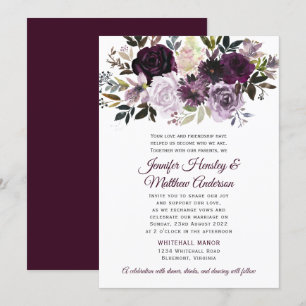 Purple Lavender Pink White Peonies Roses Wedding Invitation