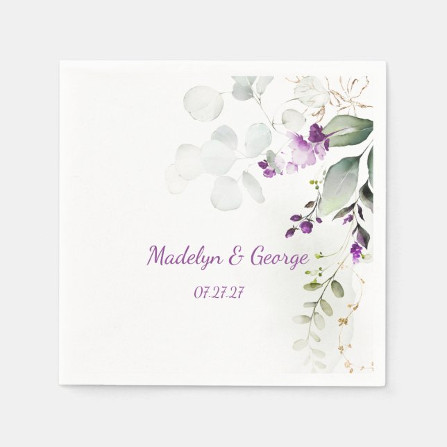 Purple Lavender Plant & Light Green Floral Wedding Napkin (Front)