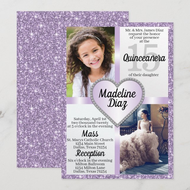 Purple Lavender Quinceañera Invitation Cumpleaños (Front/Back)