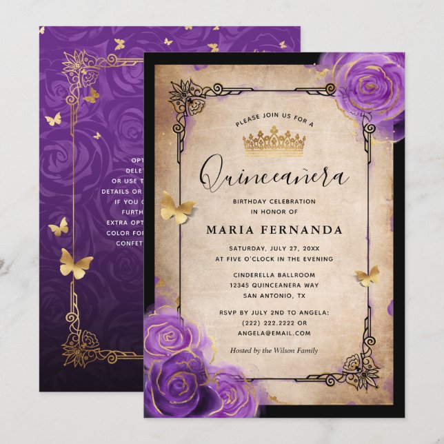 Purple Lavender Rose Gold Watercolor Quinceanera Invitation (Front/Back)
