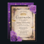 Purple Lavender Rose Gold Watercolor Quinceanera Invitation<br><div class="desc">Beautiful purple lavender rose gold watercolor quinceanera invitations that you can effortlessly personalise for a sweet 15 birthday party. The elegant design features gold glitter butterfly confetti and purple watercolor roses hand illustrated by Raphaela Wilson. The ornate mystic gown/dresses border adds highlight and sparkle to the old vintage parchment paper...</div>