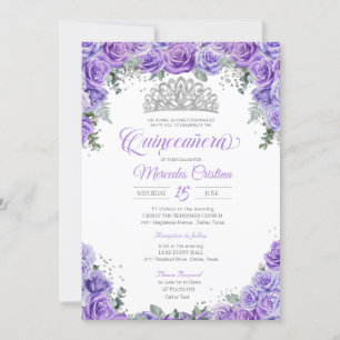 Purple Lavender Rose & Silver Tiara Quinceanera Invitation