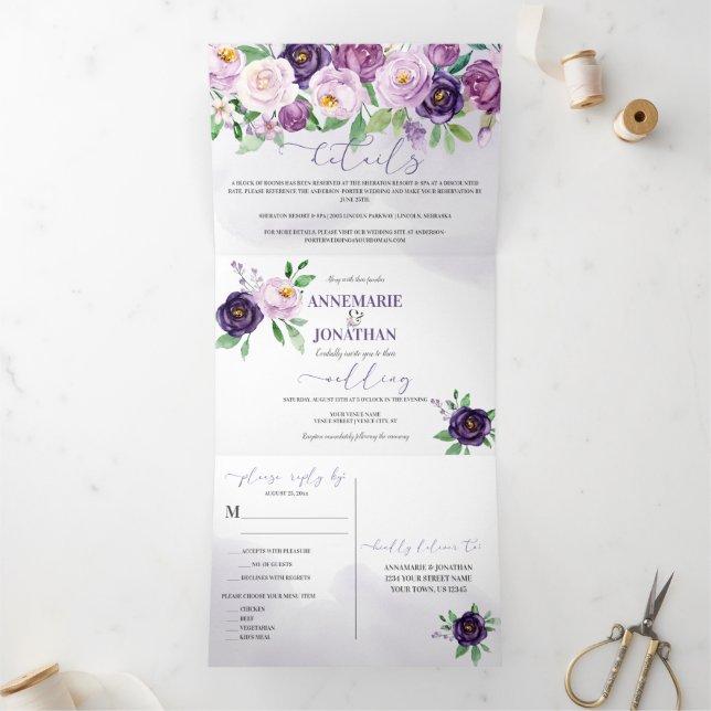 Purple Lavender Roses *DIY* Colour Change Script Tri-Fold Invitation (Inside)