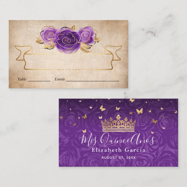 Purple Lavender Roses Gold Crown Elegant Escort Place Card (Front/Back)