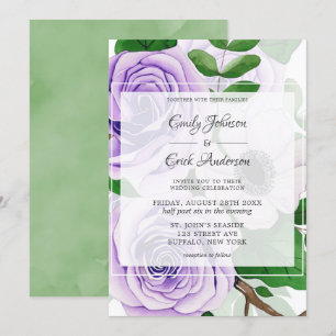 Purple Lavender Roses Green Watercolor Wedding Invitation