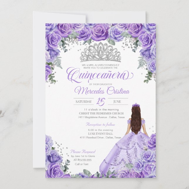 Purple Lavender Roses & Silver Tiara Quinceanera Invitation (Front)